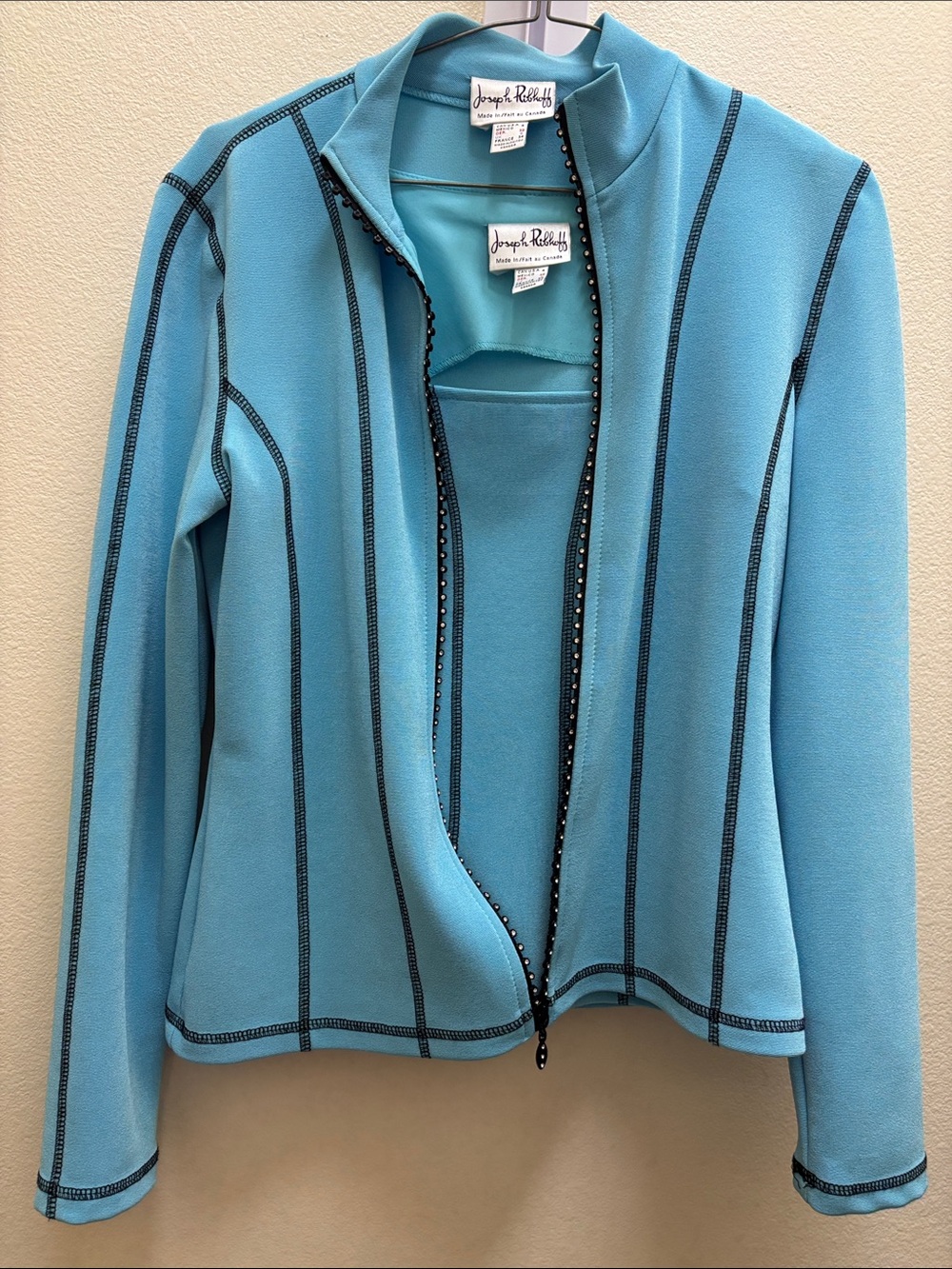 Joseph Ribkoff Turquoise Blue Twin Set Black Trim and Rhinestone Zipper Front